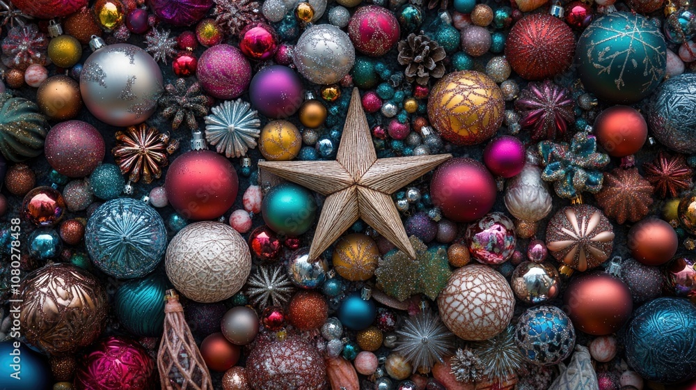 A shining star surrounded by Christmas ornaments and lights A shining star surrounded by Christmas ornaments and lights