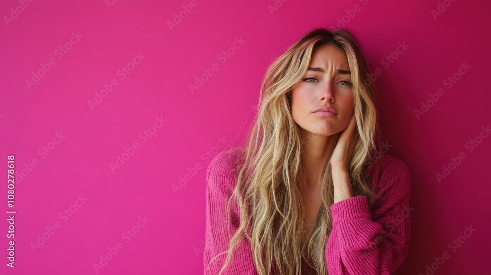 woman with long blonde hair standing in front of a vibrant pink wall, holding her side with a pained expression, studio lighting, bright monochromatic background woman with long blonde hair standing in front of a vibrant pink wall, holding her side with a pained expression, studio lighting, bright monochromatic background