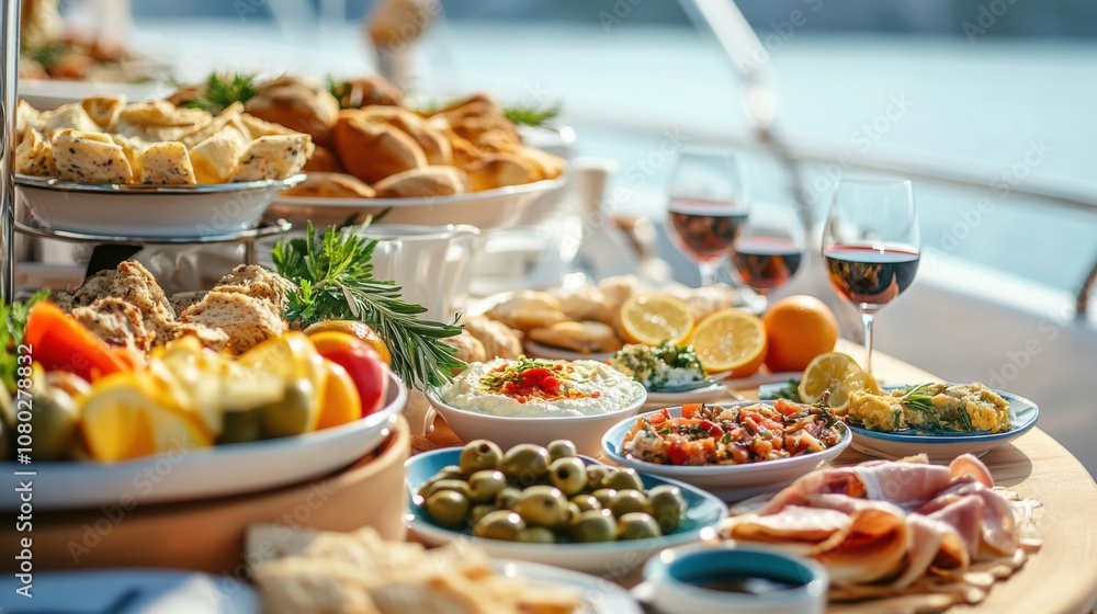 Festive Yacht Table with Mediterranean Dishes: A Festive Yacht Table with Mediterranean Dishes: A
