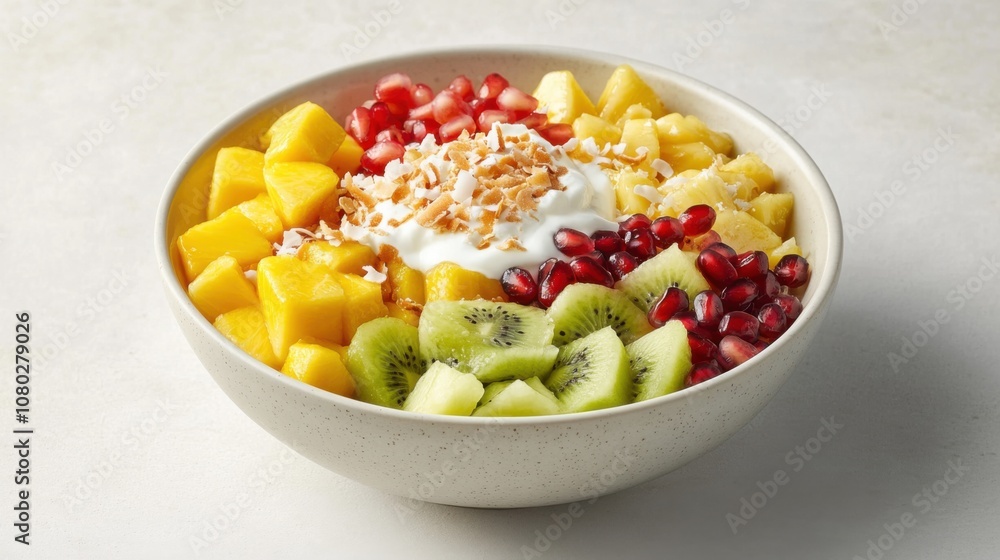 Fruit Salad with Coconut Yogurt: A vibrant bowl of fresh Fruit Salad with Coconut Yogurt: A vibrant bowl of fresh