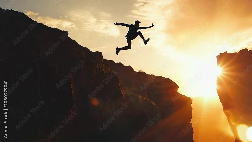 Silhouette of a man leaping across a gap between two hills, mid-air as he jumps over a cliff, Courage and determination
Silhouette of a man leaping across a gap between two hills, mid-air as he jumps over a cliff, Courage and determination