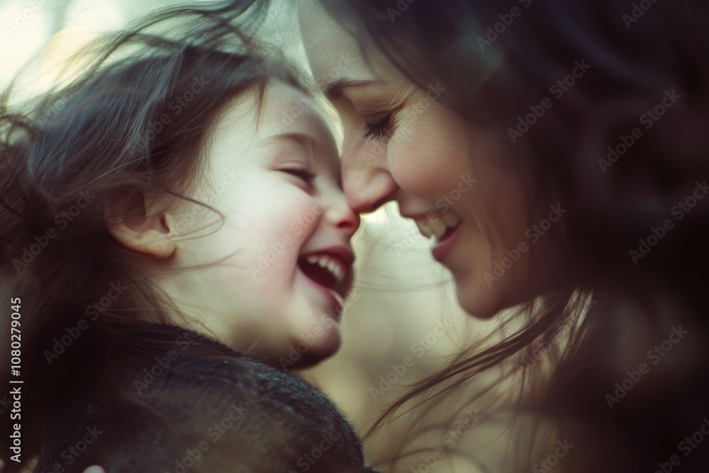 A warm moment of joy between a woman and a young girl, smiling and laughing together A warm moment of joy between a woman and a young girl, smiling and laughing together