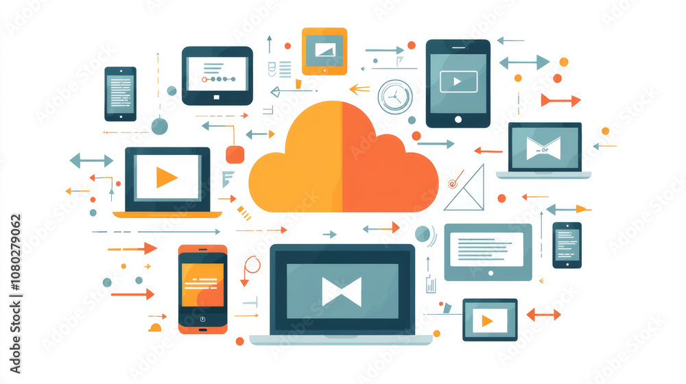 A flat vector cloud illustration surrounded by various digital devices showcasing data connection and cloud technology in a modern design environment A flat vector cloud illustration surrounded by various digital devices showcasing data connection and cloud technology in a modern design environment