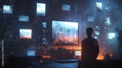 Wallpaper Mural Concept of assembling a web page from modules that fly around the display. The web design studio concept page is on the display Torontodigital.ca