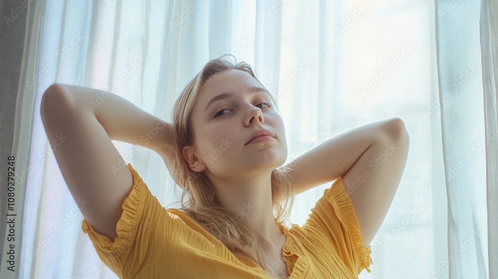 young woman in a yellow shirt sitting in front of white curtains, slightly tilting her head, holding her neck, soft natural lighting young woman in a yellow shirt sitting in front of white curtains, slightly tilting her head, holding her neck, soft natural lighting