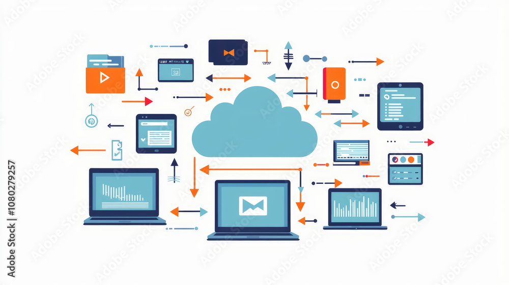 This flat vector cloud is situated at the center, surrounded by diverse digital devices, symbolizing a connected ecosystem that represents cloud computing and data transfer. This flat vector cloud is situated at the center, surrounded by diverse digital devices, symbolizing a connected ecosystem that represents cloud computing and data transfer.