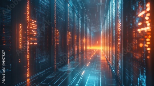 data center, showcasing rows of quantum computers with shimmering surfaces. The scene is filled with floating geometric shapes and binary codes that represent the data being processed.