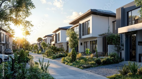 A beautiful line of stylish modern homes adorned with solar panels and surrounded by lush green gardens, capturing the essence of sustainable suburb living.