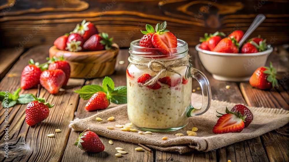 Creamy Overnight Oats in a Mason Jar with Fresh Strawberries and a Colorful Straw Perfect for Healthy Breakfast Ideas and Meal Prep Photography Creamy Overnight Oats in a Mason Jar with Fresh Strawberries and a Colorful Straw Perfect for Healthy Breakfast Ideas and Meal Prep Photography
