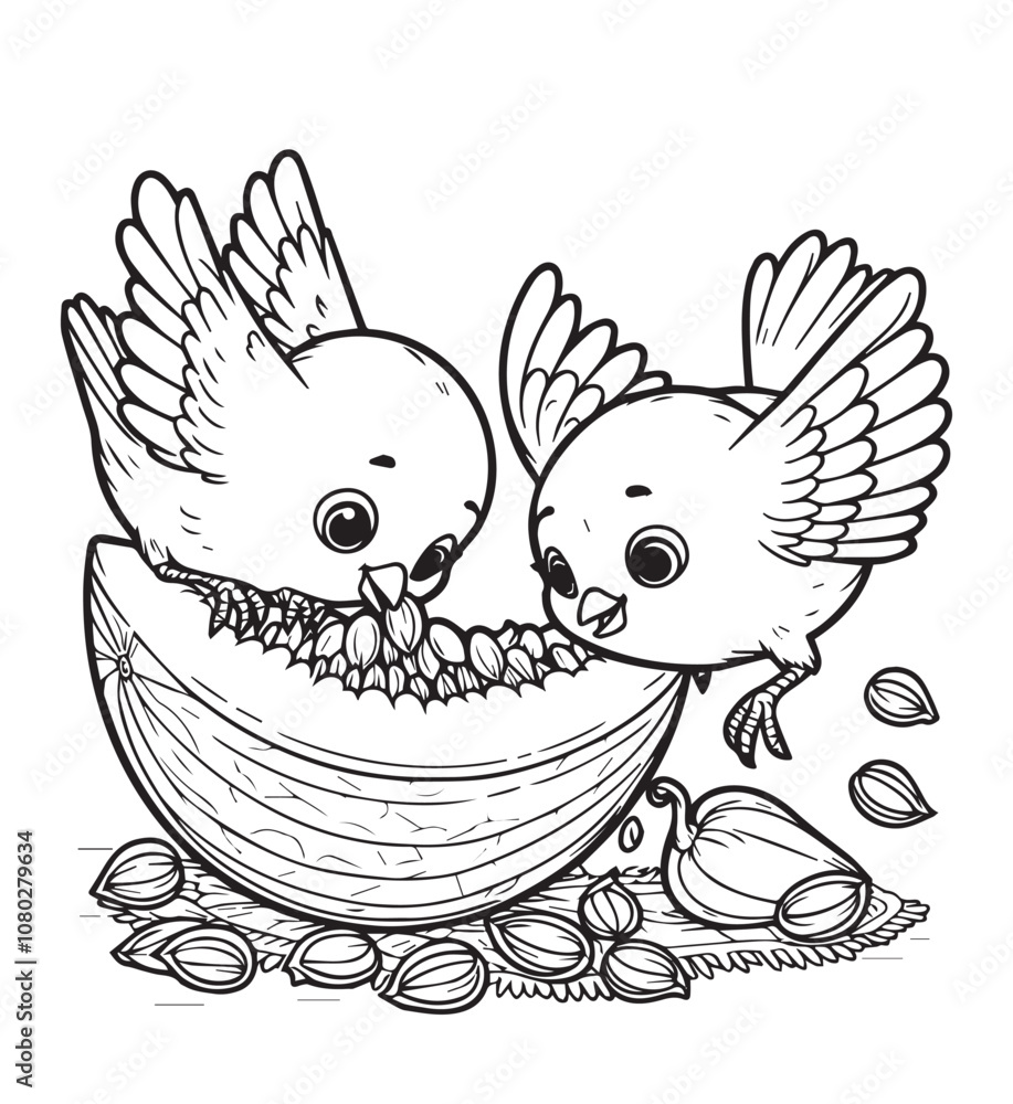 Fototapeta premium Coloring design bird picking melon seeds