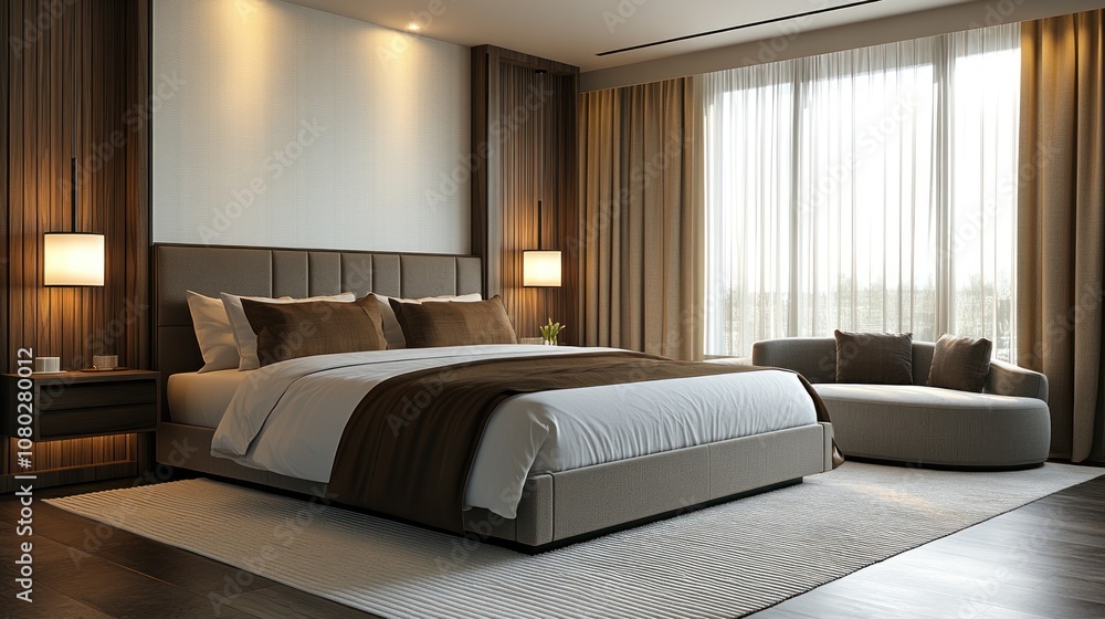 Modern Bedroom Interior with King-Sized Bed, Plush Pillows, and a Window with Sheer Curtains Modern Bedroom Interior with King-Sized Bed, Plush Pillows, and a Window with Sheer Curtains