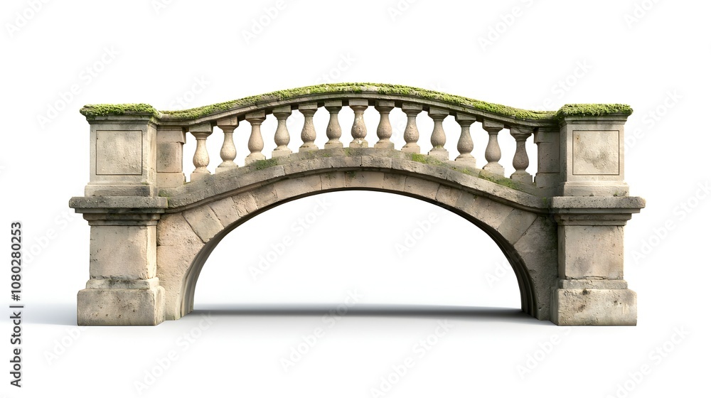 Fototapeta premium Timeless Single-Arched Stone Bridge with Earthy Textures and Soft Shadows - Captivating Architectural Detail on Clean White Background