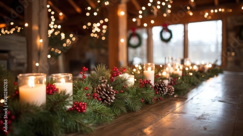 Holiday Garland with Candles: A long, rustic table adorned