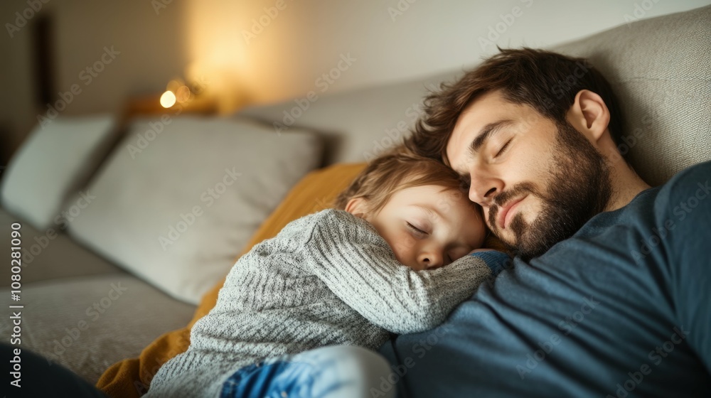 tired man in casual wear lying on the couch with a child asleep on his chest, cozy living room setup, warm evening light tired man in casual wear lying on the couch with a child asleep on his chest, cozy living room setup, warm evening light