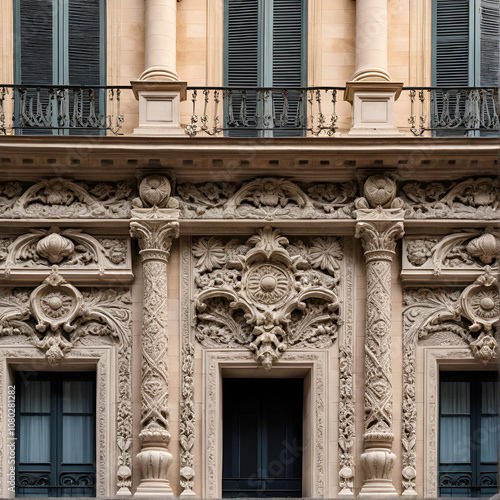 Elements of architectural decorations of buildings, columns and tops, gypsum stucco molding, wall texture and patterns. On the streets in Barcelona, public places.