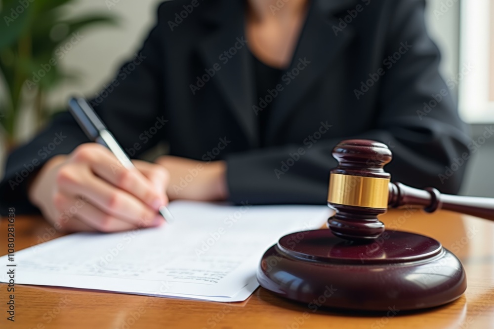 Professional Judge Writing Decision Document with Gavel in Courtroom Setting, Symbolizing Justice and Authority Professional Judge Writing Decision Document with Gavel in Courtroom Setting, Symbolizing Justice and Authority