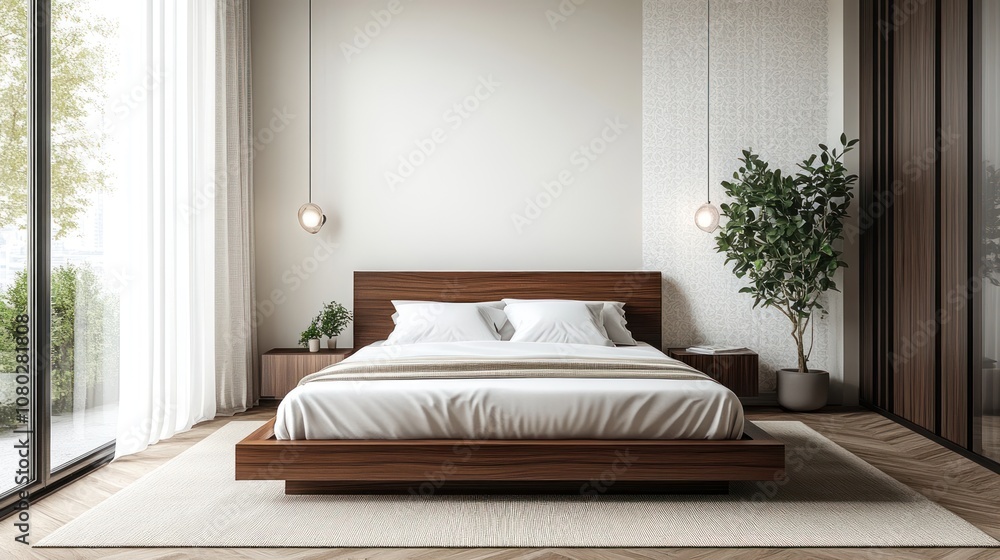 Modern Bedroom Interior with Wooden Bed, White Bedding, and Hanging Lights Modern Bedroom Interior with Wooden Bed, White Bedding, and Hanging Lights