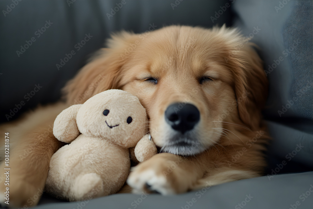 A fluffy puppy cuddling with a soft toy, illustrating the innocence and cuteness of young animals. A puppy snuggling with its toy.
A fluffy puppy cuddling with a soft toy, illustrating the innocence and cuteness of young animals. A puppy snuggling with its toy.