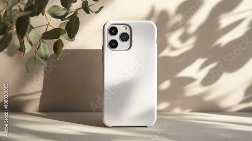 Minimalist Phone Mockup:  A sleek white iPhone 11 Pro case rests on a neutral background, subtly framed by soft light and shadow, creating a serene and stylish product presentation.