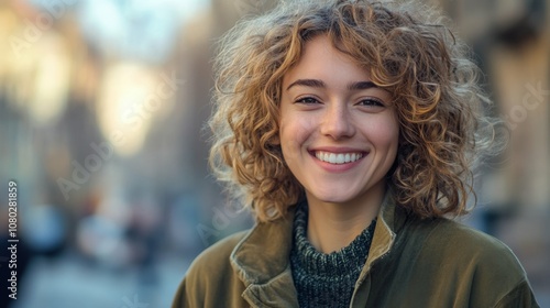 curly-haired woman with a broad smile, holding a phone in an olive jacket, blurred urban street in background, warm daylight