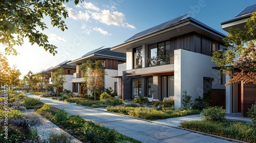 A peaceful street lined with stylish contemporary houses, each boasting solar panels and well-maintained gardens, exemplifying modern suburban living and eco-conscious design.