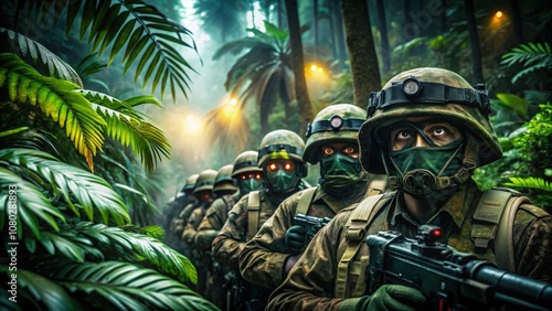 Soldiers Stealthily Navigating a Dense Forest Under Watchful Eyes at Dusk. Generative AI photo