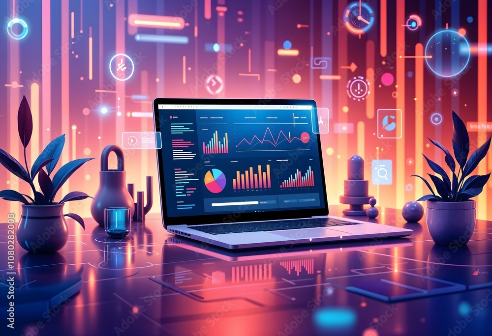 A high-tech desk setup with a laptop displaying colorful charts and holographic data visuals, surrounded by floating analytics icons and plants, creating a futuristic, data-centric workspace. A high-tech desk setup with a laptop displaying colorful charts and holographic data visuals, surrounded by floating analytics icons and plants, creating a futuristic, data-centric workspace.