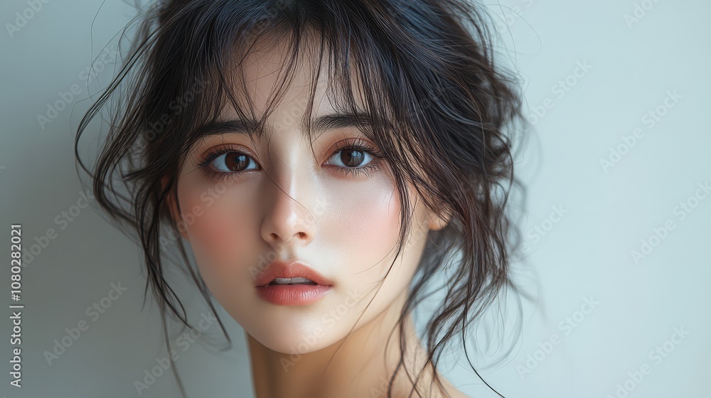 Captivating Gaze: A portrait of a young woman with dark, wavy hair and captivating eyes. Her soft makeup and gentle expression create an image of serene beauty. Captivating Gaze: A portrait of a young woman with dark, wavy hair and captivating eyes. Her soft makeup and gentle expression create an image of serene beauty.