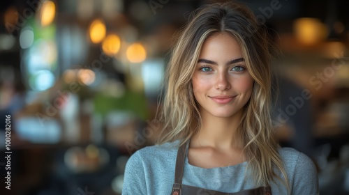 Smiling Cafe Worker: A young woman with warm brown eyes and long blonde hair smiles gently at the camera, wearing a simple grey top and brown apron in a softly lit cafe setting. 