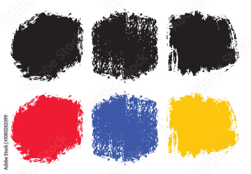 Set of watercolor brush strokes multicolored. Black chalk scratch and coloured ink vector circle stains. Colourful round brush border grunge frames for text. Pearl water colors polka dot squares shape