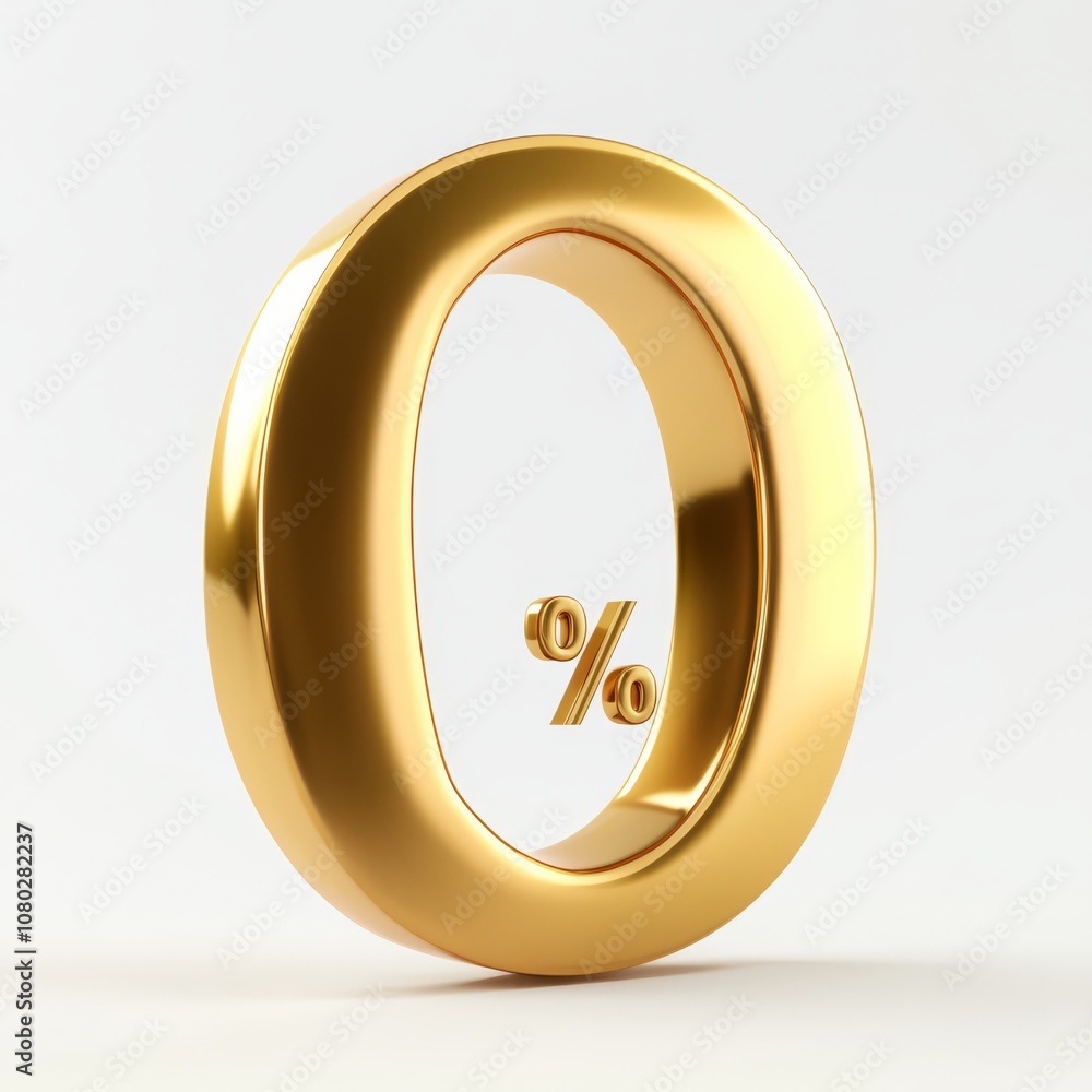 Golden 0% Symbol: A gleaming golden 3D rendering of the number zero with a percent sign inside, symbolizing a complete lack of interest rates or charges. Golden 0% Symbol: A gleaming golden 3D rendering of the number zero with a percent sign inside, symbolizing a complete lack of interest rates or charges.