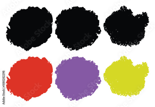 Set of watercolor brush strokes multicolored. Black and coloured ink vector circle stains. Colourful round brush border grunge frames for text.  Pearl water colors liquids art polka dots background