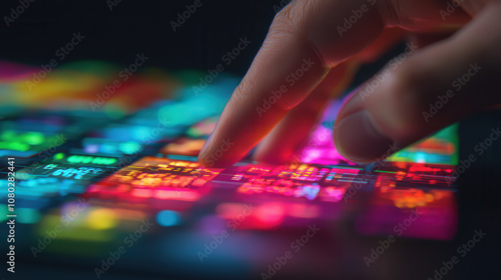 Fototapeta premium hand interacting with colorful virtual interface, showcasing vibrant buttons and holographic elements. scene conveys sense of advanced technology and innovation