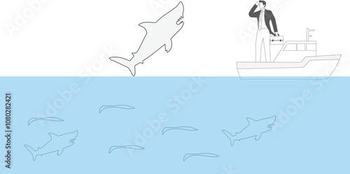 Businessman is getting attacked by a shark