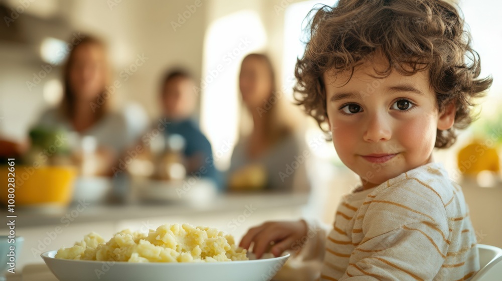 toddler with messy hair eating mashed potatoes at a high chair in a bright kitchen with family members in the blurred background under natural light toddler with messy hair eating mashed potatoes at a high chair in a bright kitchen with family members in the blurred background under natural light