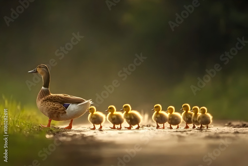 A group of ducklings following their mother in a line, showcasing their cuteness and unity. Ducklings waddling behind mom.


