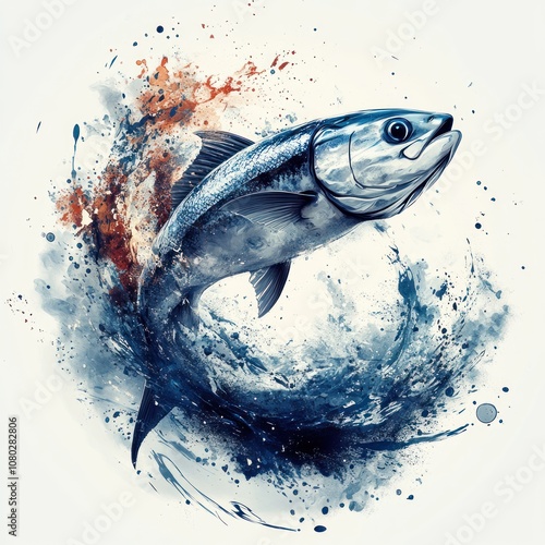 A watercolor illustration of a tuna leaping from the water, surrounded by blue and orange splatters.