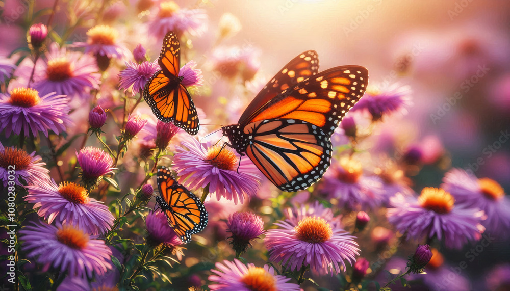 A warm, close-up shot of two butterflies on blooming pink flowers in the sunlight, representing beauty in nature and tranquility A warm, close-up shot of two butterflies on blooming pink flowers in the sunlight, representing beauty in nature and tranquility