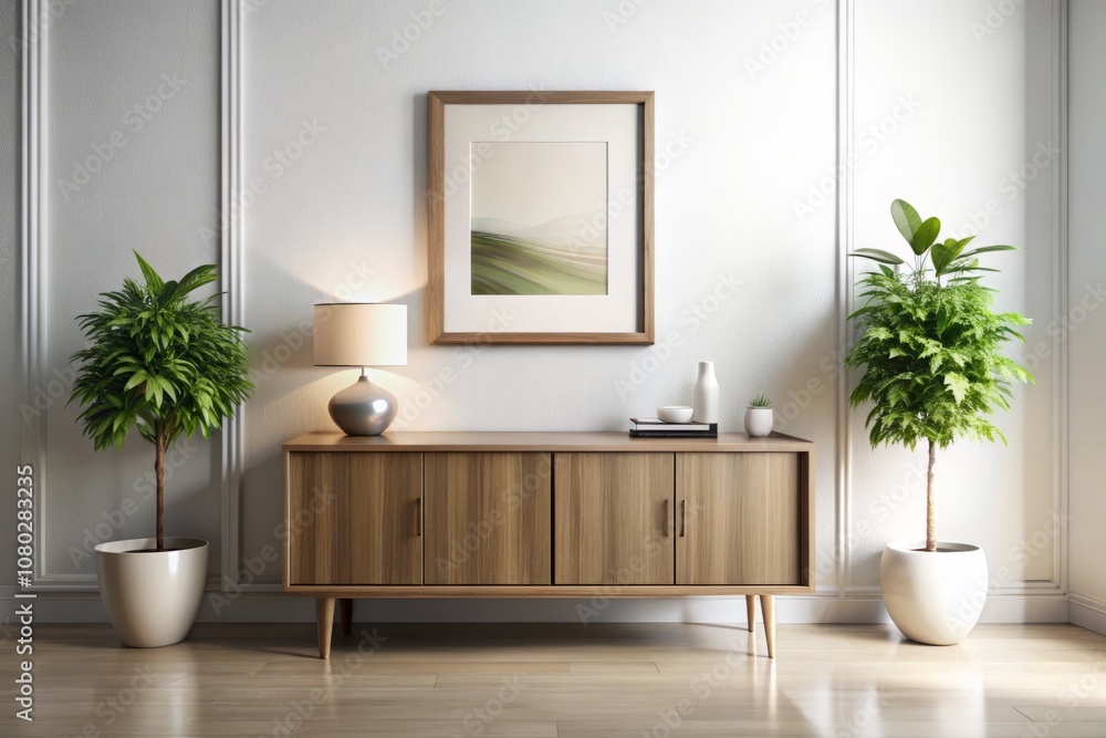 Minimalist Interior Design with a Sleek Modern Sideboard, Potted Plant, and Empty Picture Frame Against a White Wall for Contemporary Home Decor Inspiration Minimalist Interior Design with a Sleek Modern Sideboard, Potted Plant, and Empty Picture Frame Against a White Wall for Contemporary Home Decor Inspiration