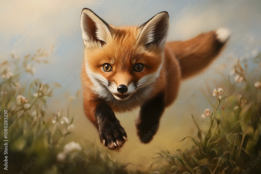 Fototapeta premium A playful fox kit frolicking in a field of flowers, showcasing its adorable movements. A fox cub enjoying a spring day.