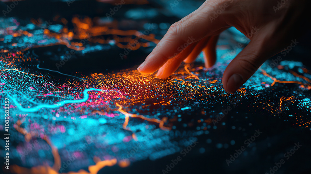 close up of hand interacting with digital holographic map, showcasing vibrant data points and connections. image conveys sense of advanced technology and innovation close up of hand interacting with digital holographic map, showcasing vibrant data points and connections. image conveys sense of advanced technology and innovation