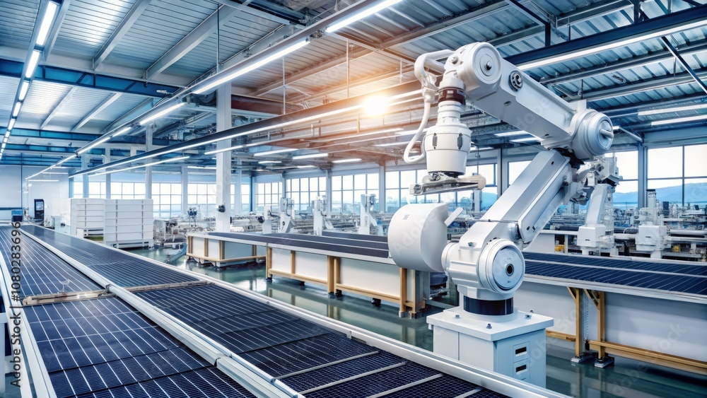 Modern Automated Manufacturing Facility Featuring a White Industrial Robot Arm Assembling Solar Panels on a Bright Production Line in a High-Tech Environment Modern Automated Manufacturing Facility Featuring a White Industrial Robot Arm Assembling Solar Panels on a Bright Production Line in a High-Tech Environment