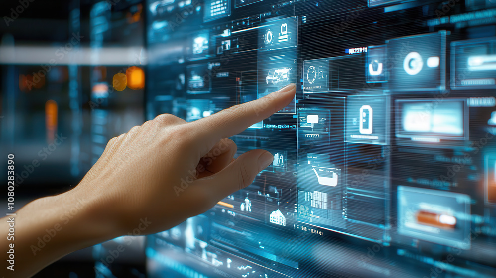 Close up view of hand tapping on digital screen displaying various data visualizations and interfaces, showcasing technology and interaction Close up view of hand tapping on digital screen displaying various data visualizations and interfaces, showcasing technology and interaction