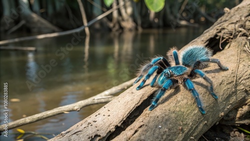 Electric Blue Tarantula Calmly Perched on a Standard Scale by a Calm River. Generative AI photo