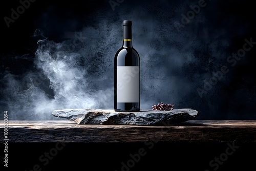 A Rustic Wooden Table Holding a Wine Bottle Mockup Surrounded by Smoke and Grapes, Ideal for Elegant Beverage Presentations and Branding