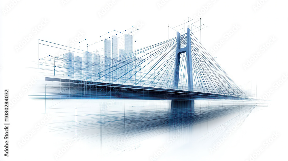 Obraz premium contemporary cable stayed bridge with sleek design, showcasing architectural lines and reflections in water, symbolizing modern engineering and urban development