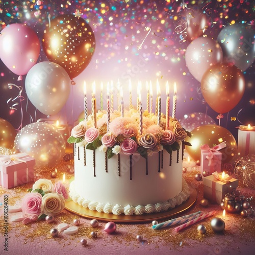 Happy birthday cake with candles, balloons and confetti background4 photo