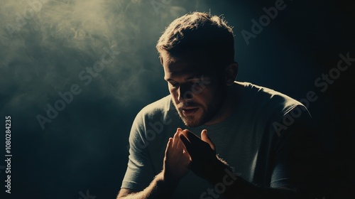 Man praying with soft light around him	 photo