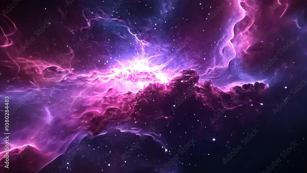 A vibrant nebula with swirling clouds of pink and purple gas illuminates the vast darkness of space A vibrant nebula with swirling clouds of pink and purple gas illuminates the vast darkness of space