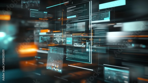 Wallpaper Mural Concept of assembling a web page from modules that fly around the display. The web design studio concept page is on the display Torontodigital.ca